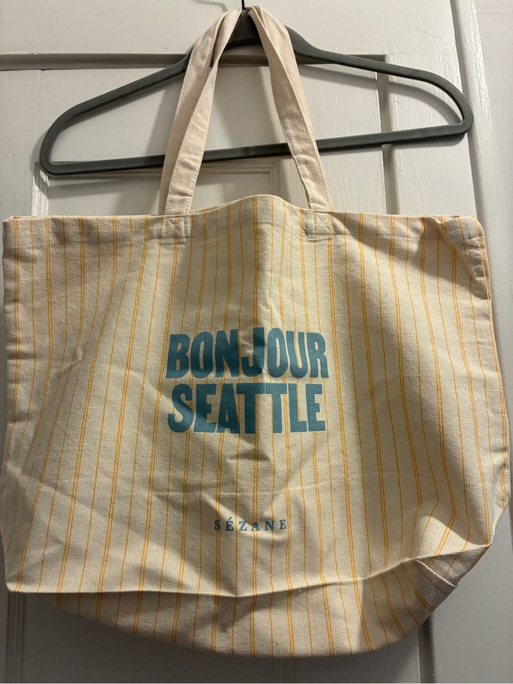 Sézane "Bonjour Seattle" Striped Canvas Tote - Yellow & Teal